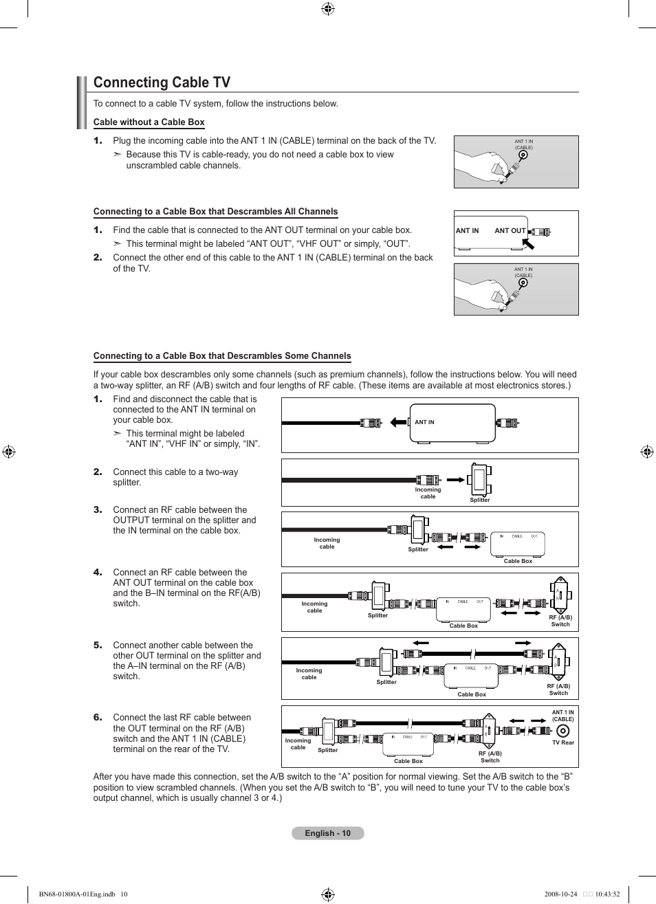 Connecting cable tv | Samsung LN32A620A1FXZA User Manual | Page 12 / 263