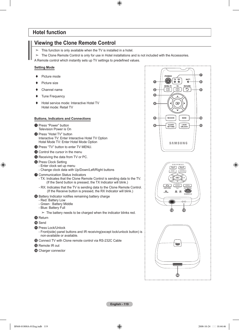 Hotel function, Viewing the clone remote control | Samsung LN32A620A1FXZA User Manual | Page 121 / 263