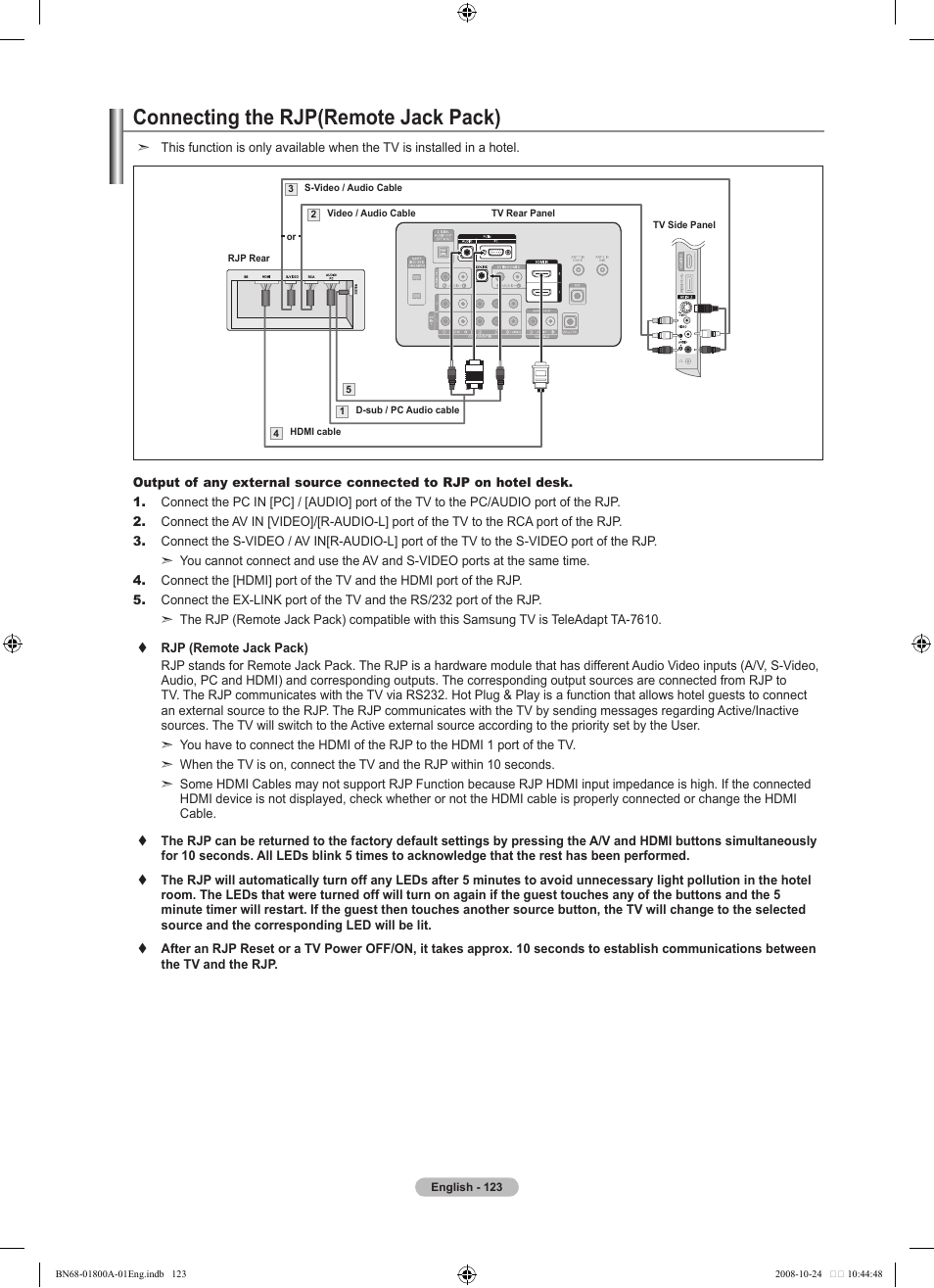 Connecting the rjp(remote jack pack) | Samsung LN32A620A1FXZA User Manual | Page 125 / 263
