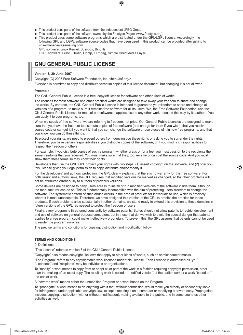 Gnu general public license | Samsung LN32A620A1FXZA User Manual | Page 127 / 263