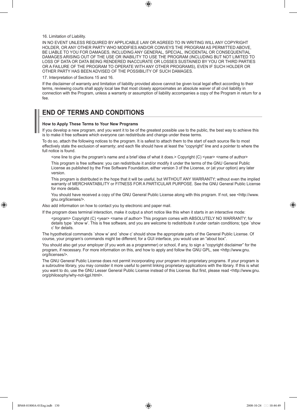 End of terms and conditions | Samsung LN32A620A1FXZA User Manual | Page 132 / 263