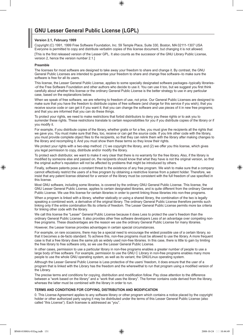 Gnu lesser general public license (lgpl) | Samsung LN32A620A1FXZA User Manual | Page 133 / 263