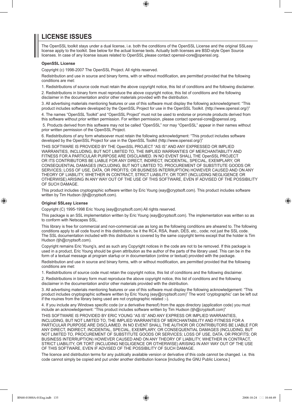 License issues | Samsung LN32A620A1FXZA User Manual | Page 137 / 263