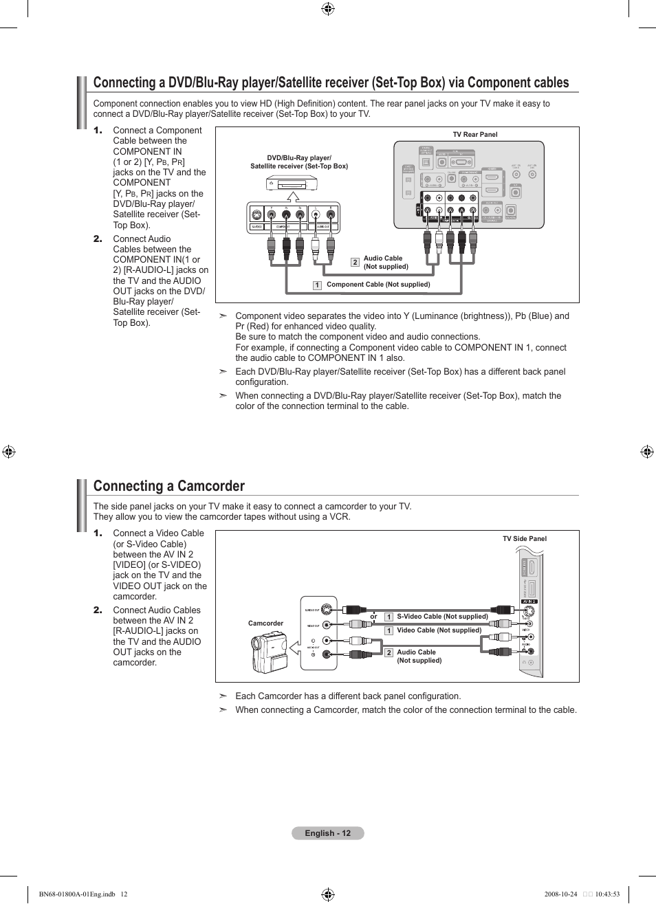 Connecting a camcorder | Samsung LN32A620A1FXZA User Manual | Page 14 / 263