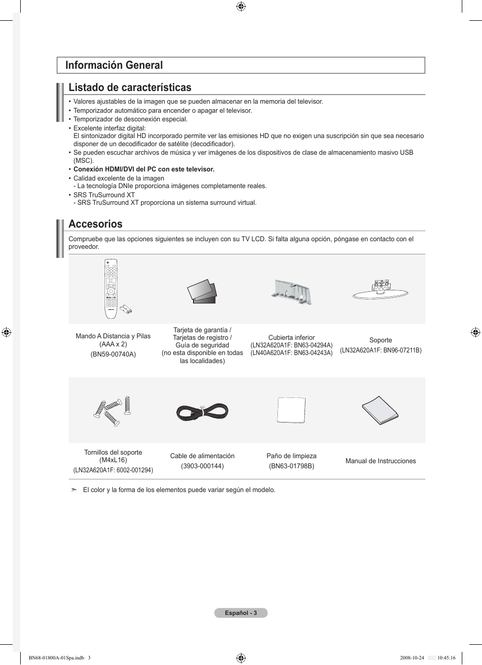 Listado de características, Accesorios, Información general | Samsung LN32A620A1FXZA User Manual | Page 141 / 263
