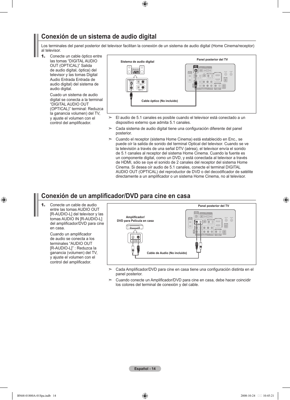 Conexión de un sistema de audio digital, Conexión de un amplificador/dvd para cine en casa | Samsung LN32A620A1FXZA User Manual | Page 152 / 263