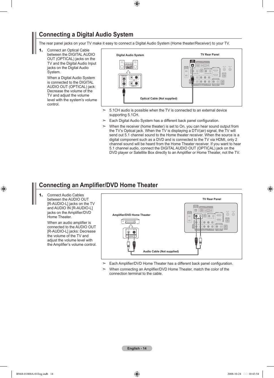 Connecting a digital audio system, Connecting an amplifier/dvd home theater | Samsung LN32A620A1FXZA User Manual | Page 16 / 263