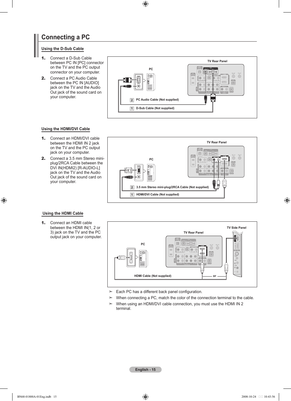 Connecting a pc | Samsung LN32A620A1FXZA User Manual | Page 17 / 263