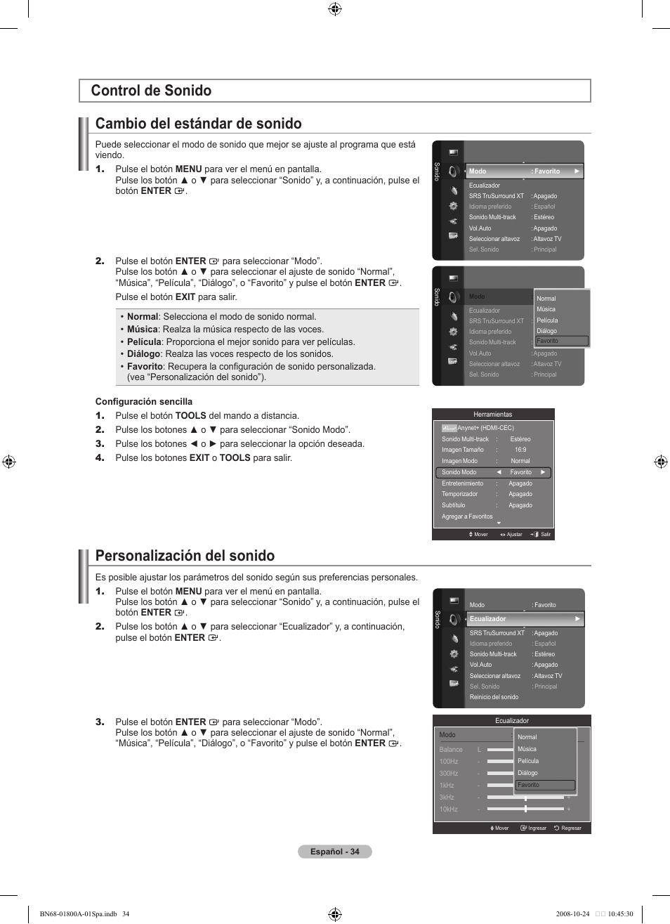 Control de sonido cambio del estándar de sonido, Personalización del sonido | Samsung LN32A620A1FXZA User Manual | Page 172 / 263