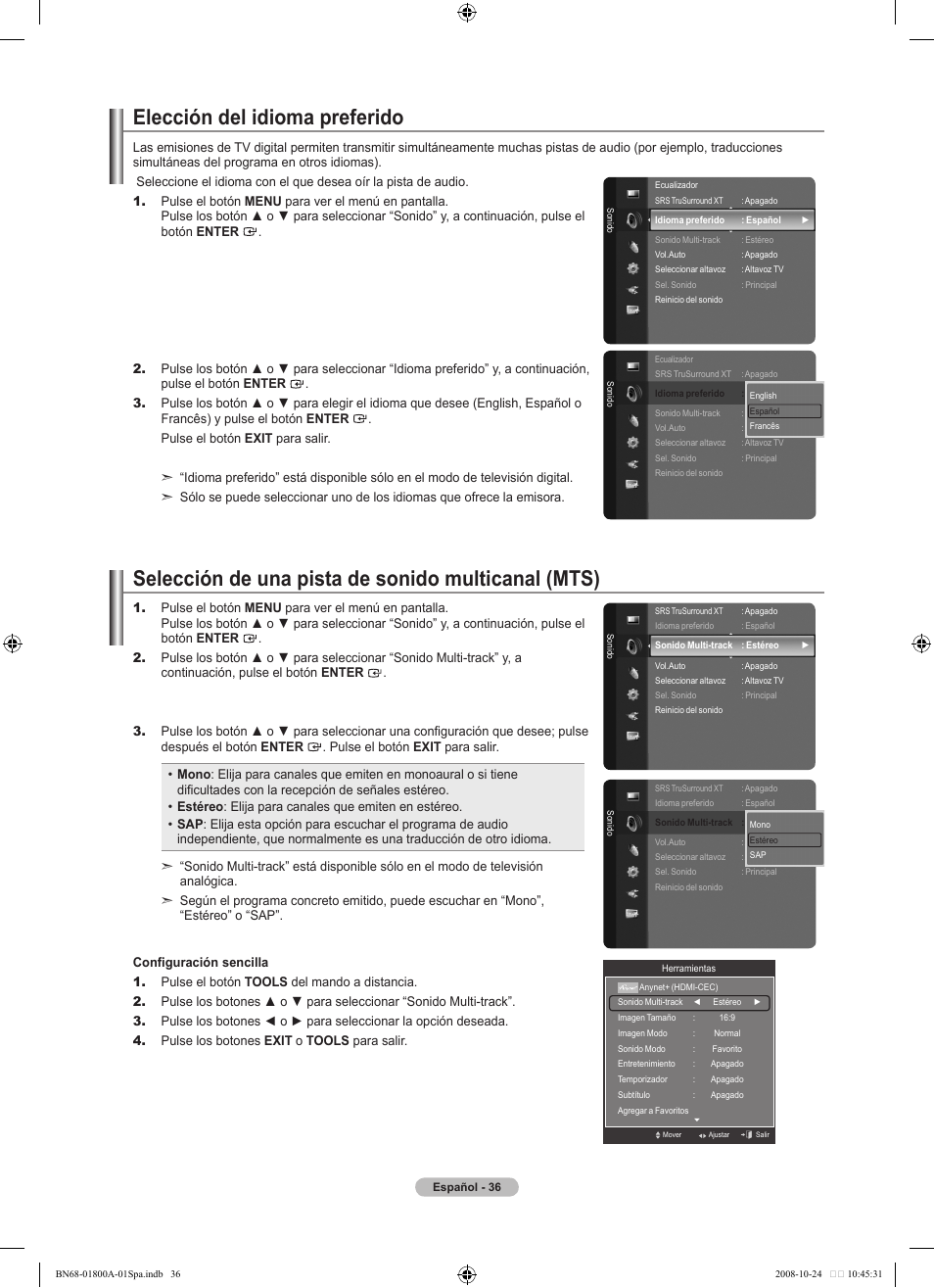 Elección del idioma preferido, Selección de una pista de sonido multicanal (mts) | Samsung LN32A620A1FXZA User Manual | Page 174 / 263