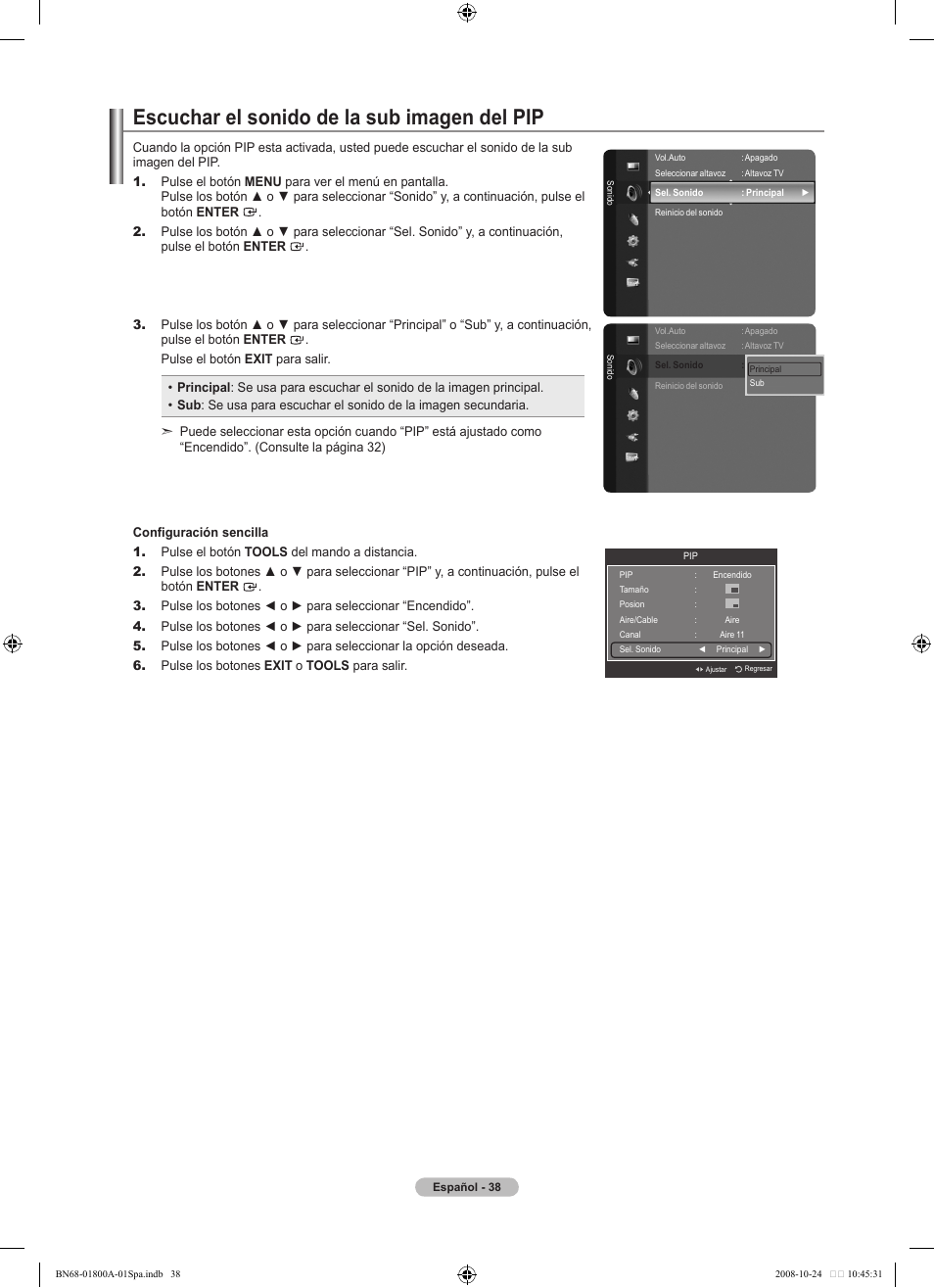 Escuchar el sonido de la sub imagen del pip | Samsung LN32A620A1FXZA User Manual | Page 176 / 263