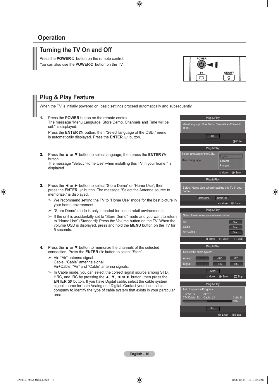 Operation, Turning the tv on and off, Plug & play feature | Operation plug & play feature | Samsung LN32A620A1FXZA User Manual | Page 18 / 263