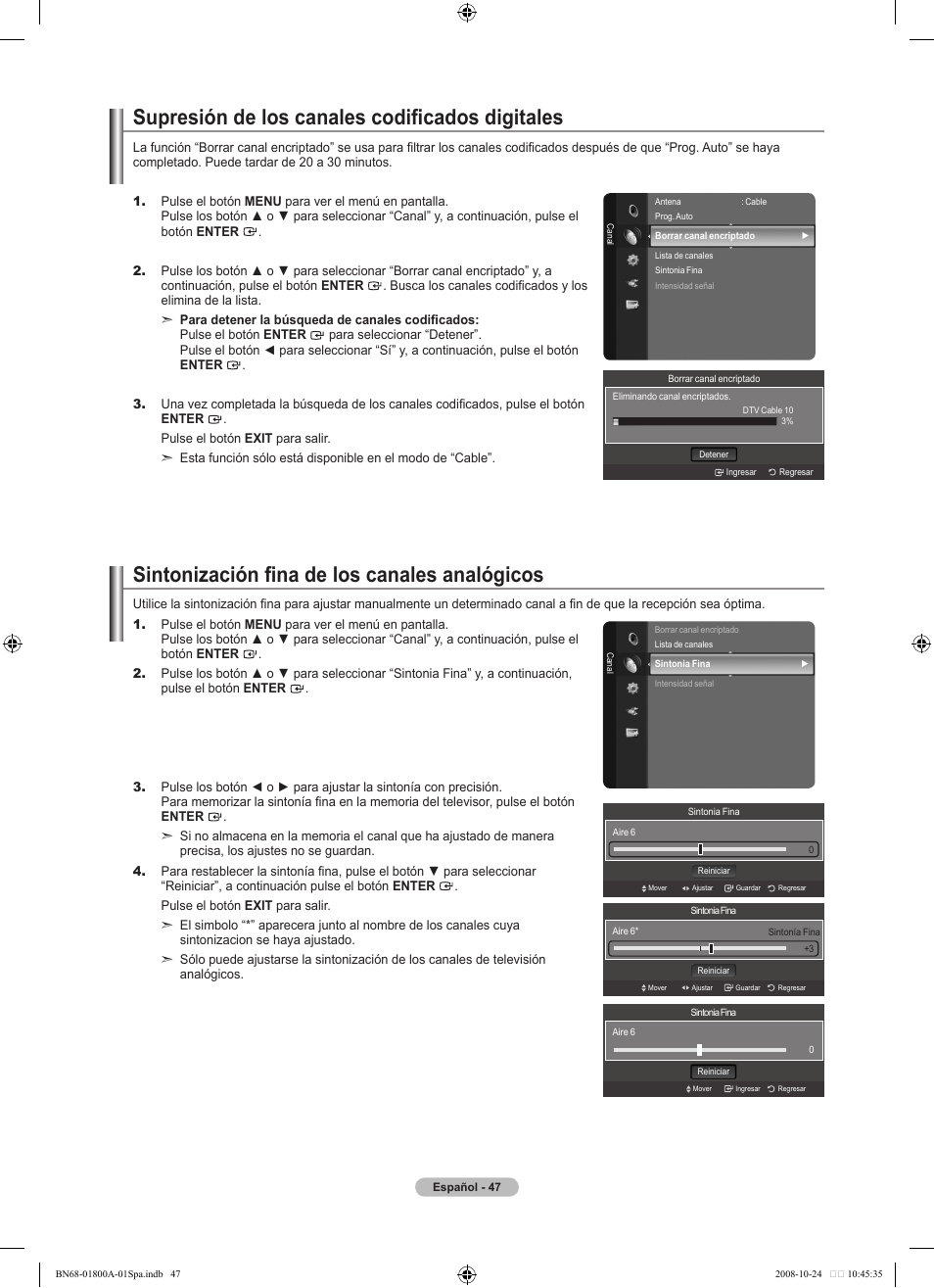 Supresión de los canales codificados digitales, Sintonización fina de los canales analógicos | Samsung LN32A620A1FXZA User Manual | Page 185 / 263