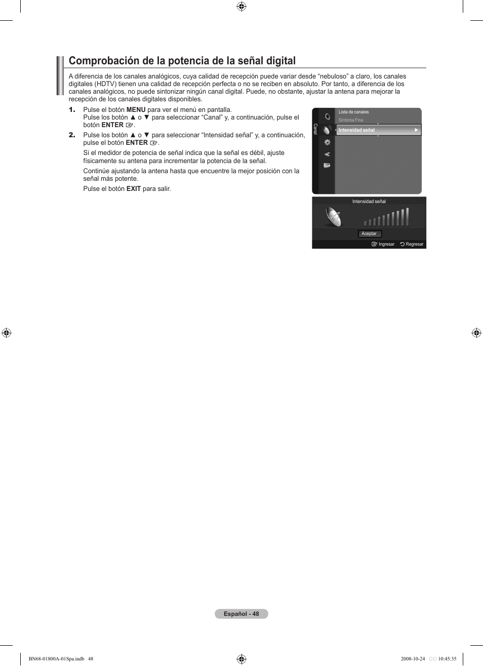 Comprobación de la potencia de la señal digital | Samsung LN32A620A1FXZA User Manual | Page 186 / 263