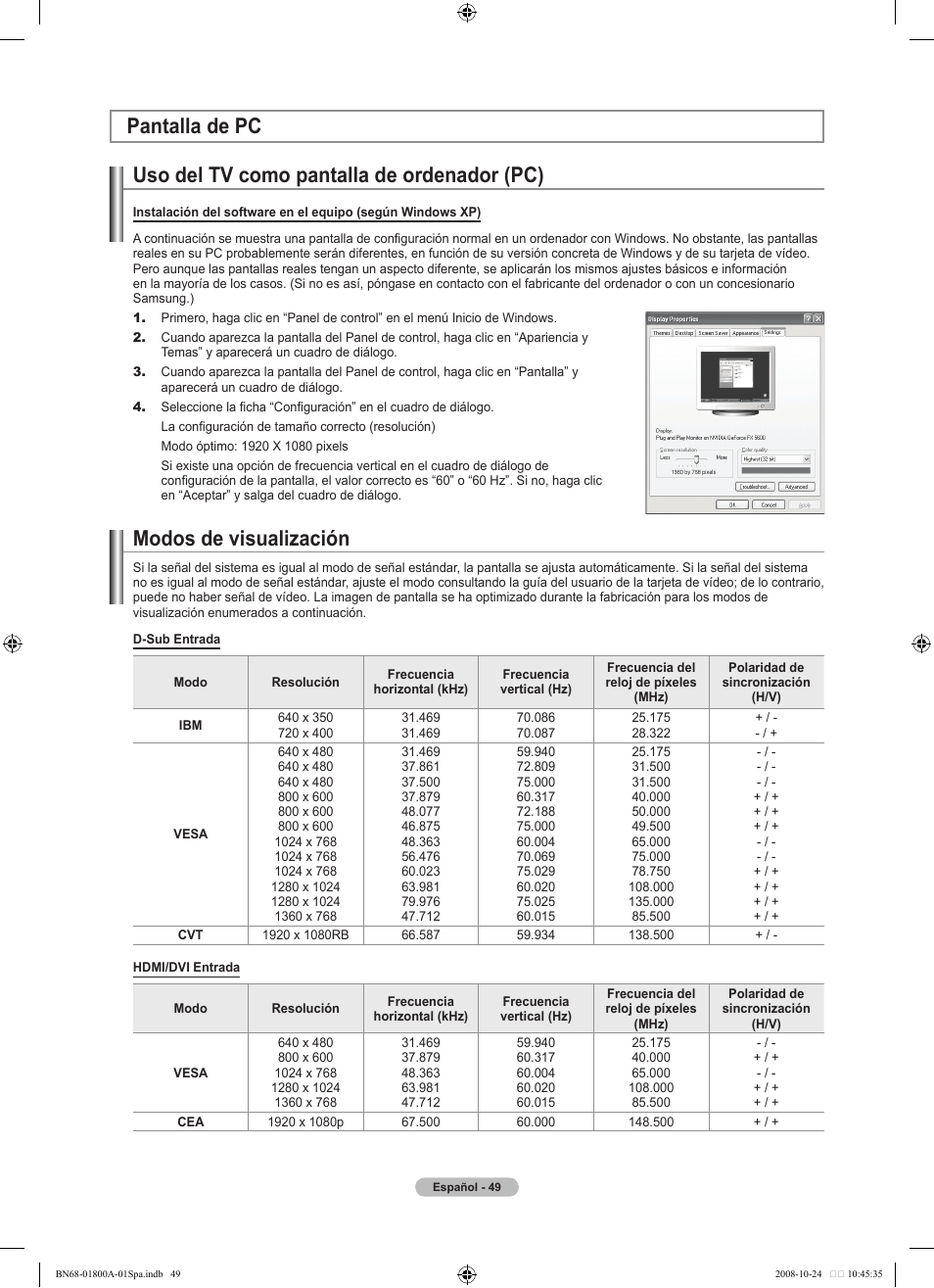Uso del tv como pantalla de ordenador (pc), Pantalla de pc modos de visualización | Samsung LN32A620A1FXZA User Manual | Page 187 / 263