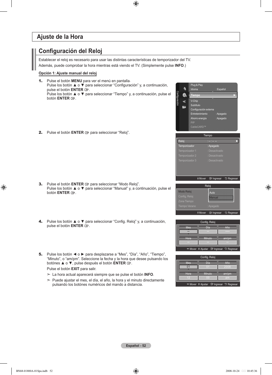 Configuración del reloj, Ajuste de la hora | Samsung LN32A620A1FXZA User Manual | Page 190 / 263