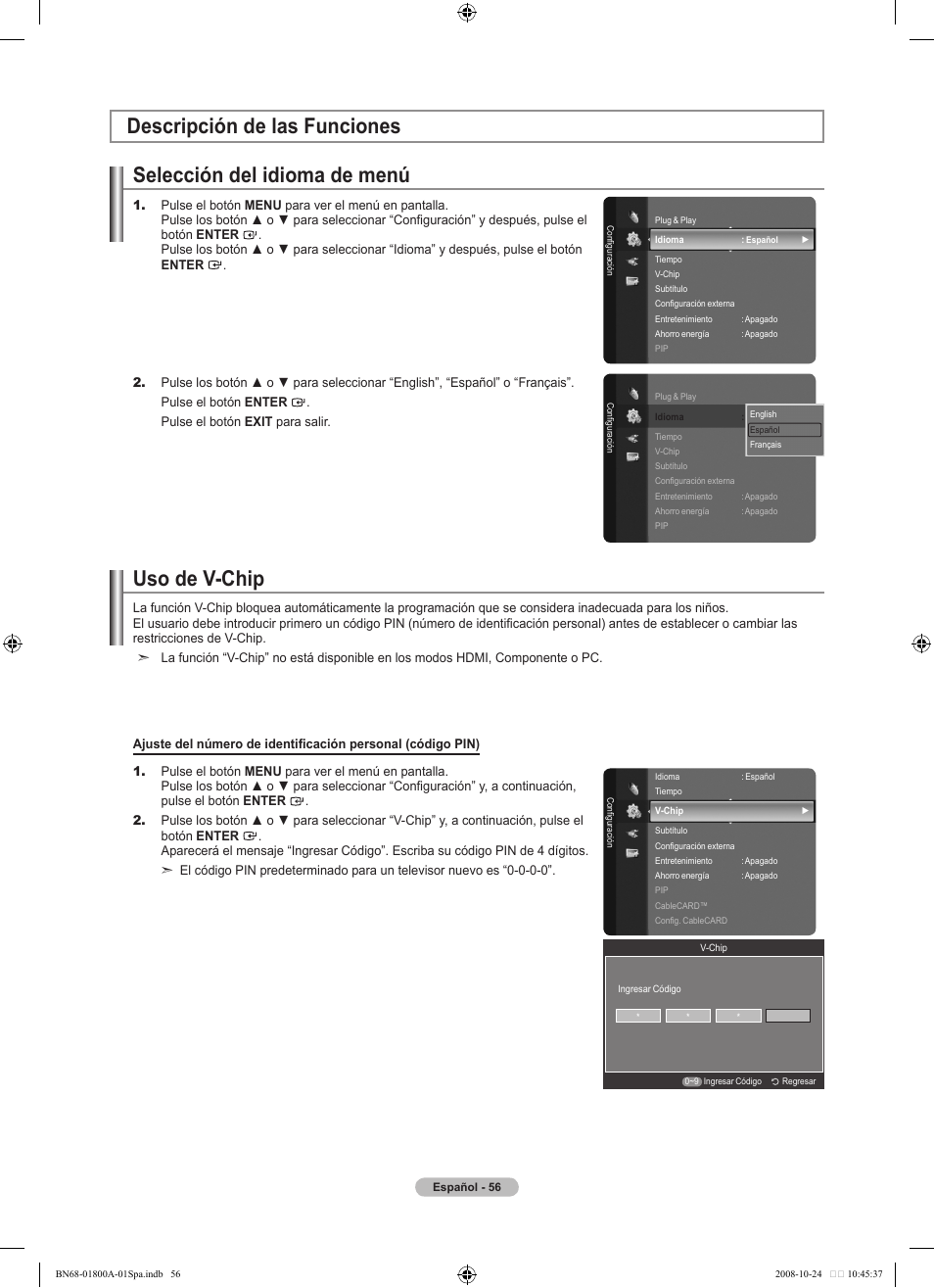 Selección del idioma de menú, Descripción de las funciones uso de v-chip | Samsung LN32A620A1FXZA User Manual | Page 194 / 263