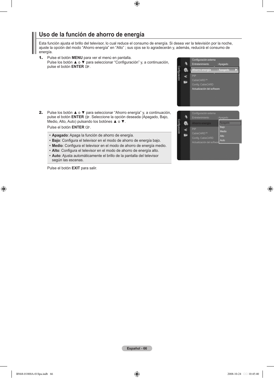 Uso de la función de ahorro de energía | Samsung LN32A620A1FXZA User Manual | Page 204 / 263