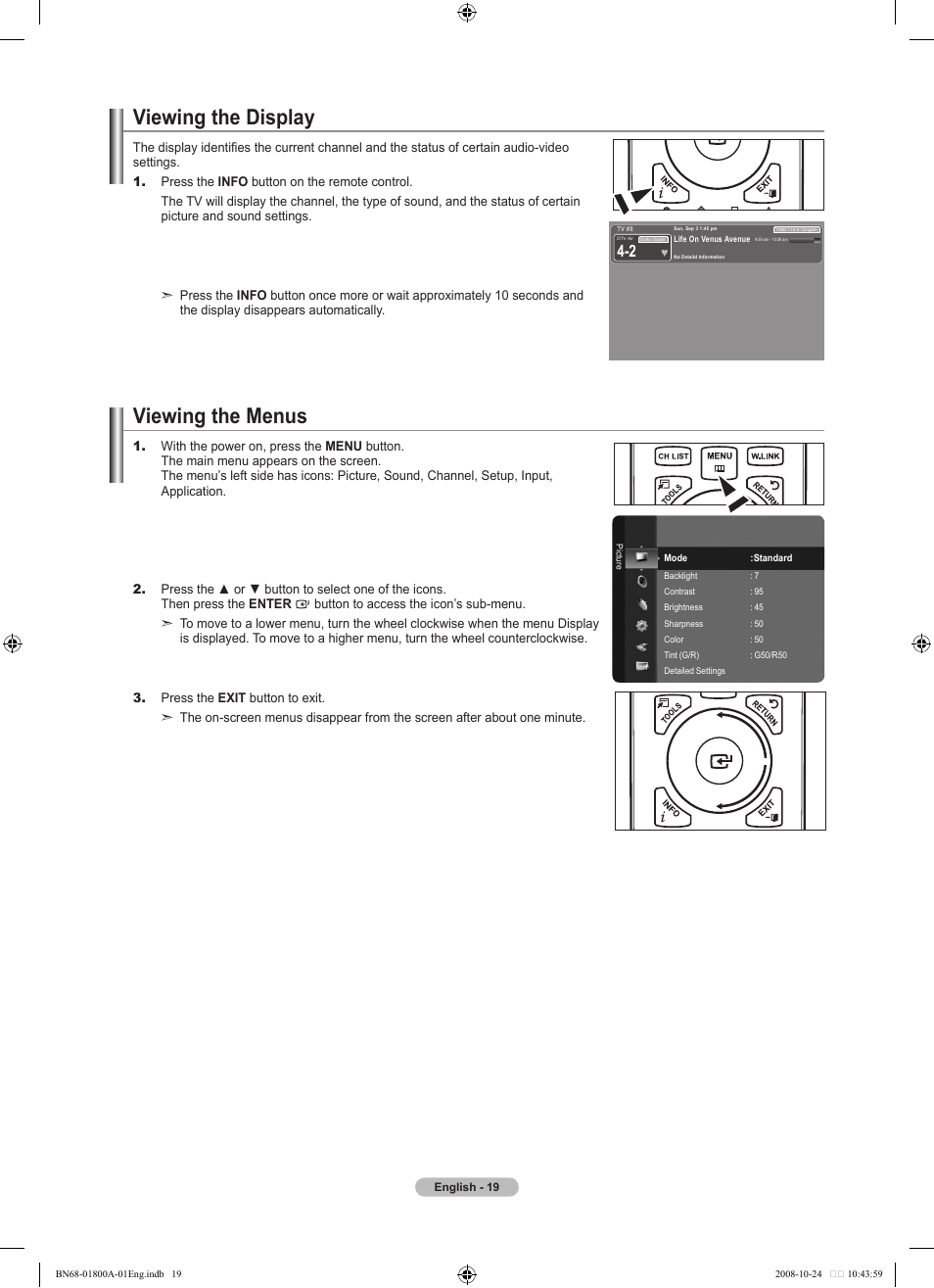 Viewing the display, Viewing the menus | Samsung LN32A620A1FXZA User Manual | Page 21 / 263