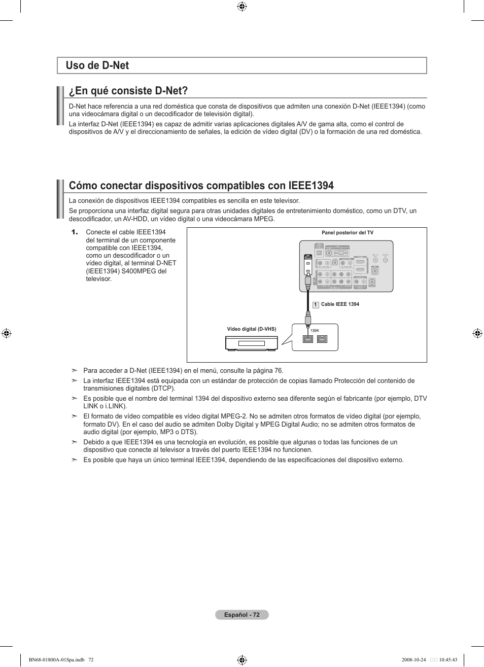 En qué consiste d-net, Cómo conectar dispositivos compatibles con ieee, Uso de d-net | Samsung LN32A620A1FXZA User Manual | Page 210 / 263