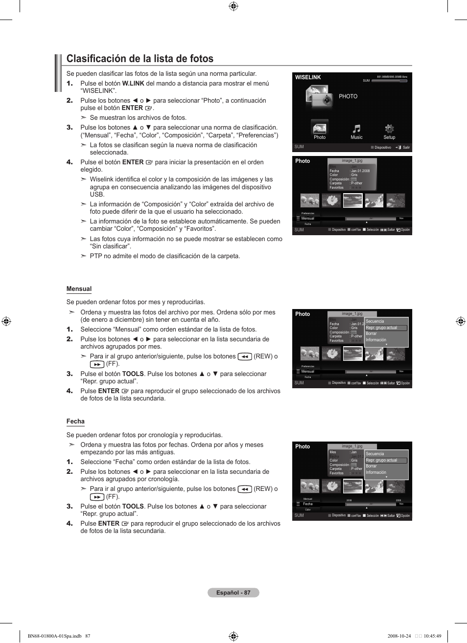 Clasificación de la lista de fotos | Samsung LN32A620A1FXZA User Manual | Page 225 / 263