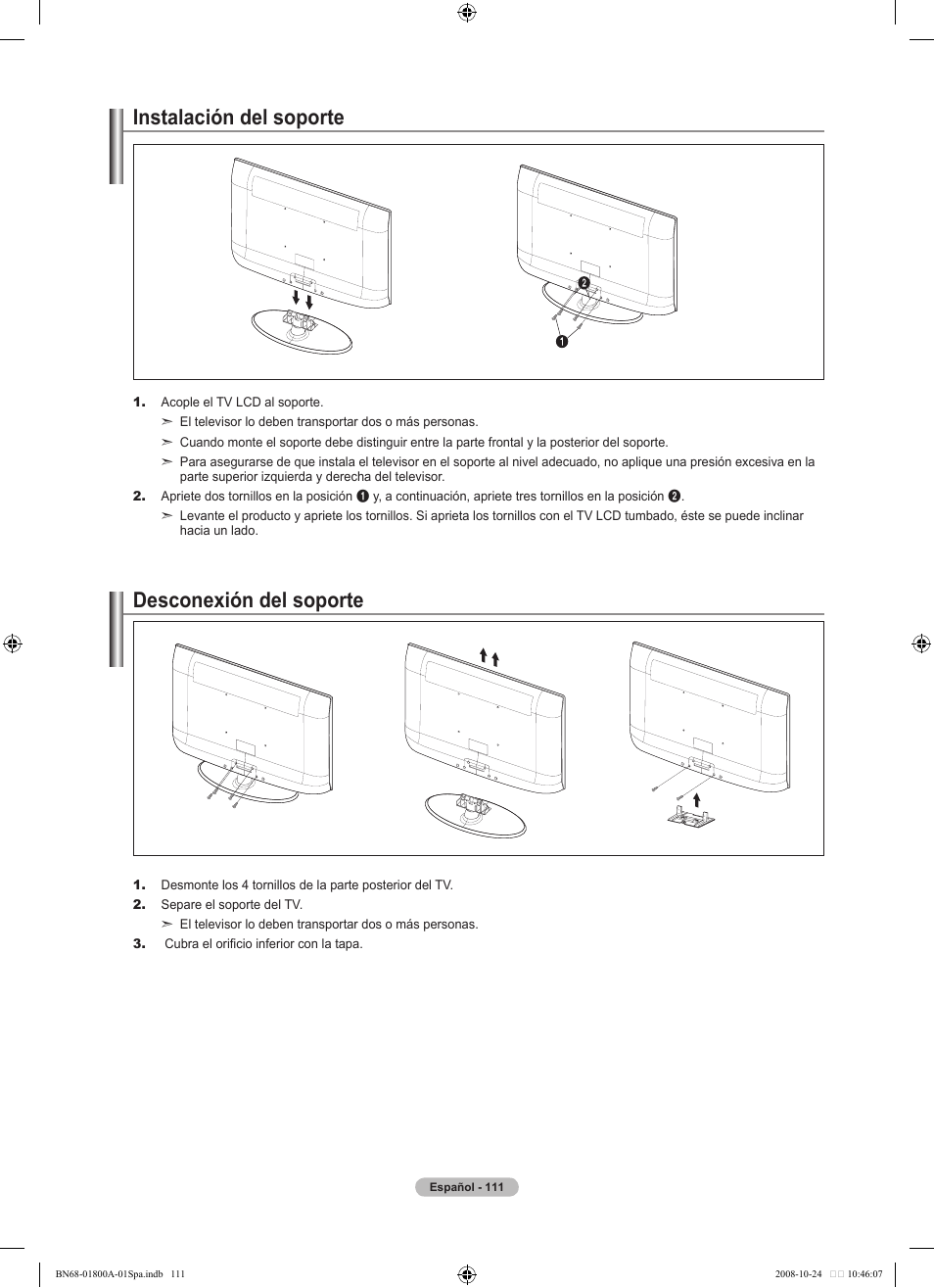 Instalación del soporte, Desconexión del soporte | Samsung LN32A620A1FXZA User Manual | Page 249 / 263