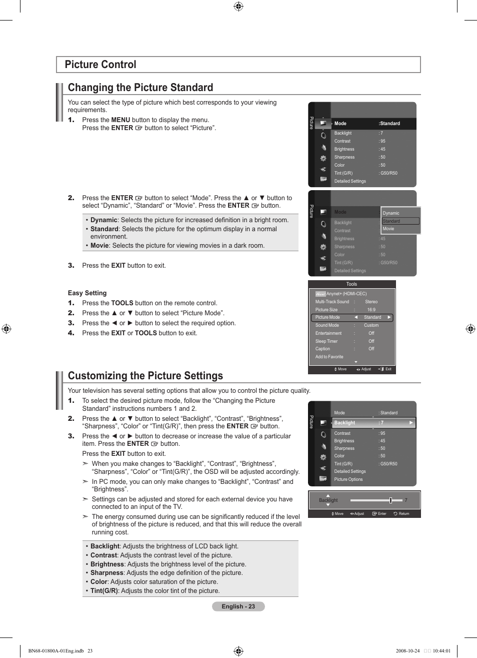 Picture control, Changing the picture standard, Customizing the picture settings | Picture control changing the picture standard | Samsung LN32A620A1FXZA User Manual | Page 25 / 263