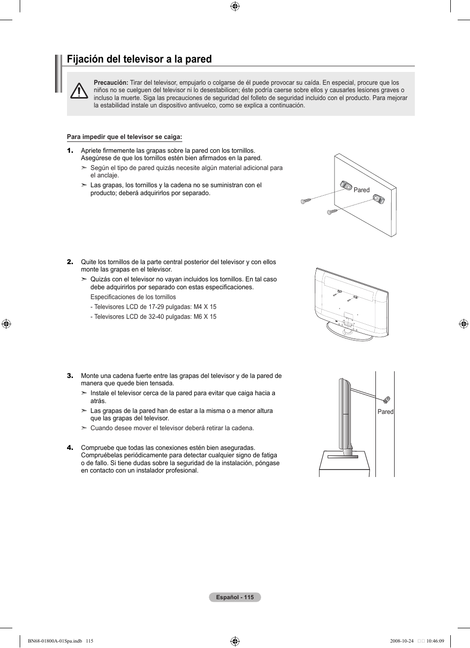 경고 주의 경고 주의, Fijación del televisor a la pared | Samsung LN32A620A1FXZA User Manual | Page 253 / 263