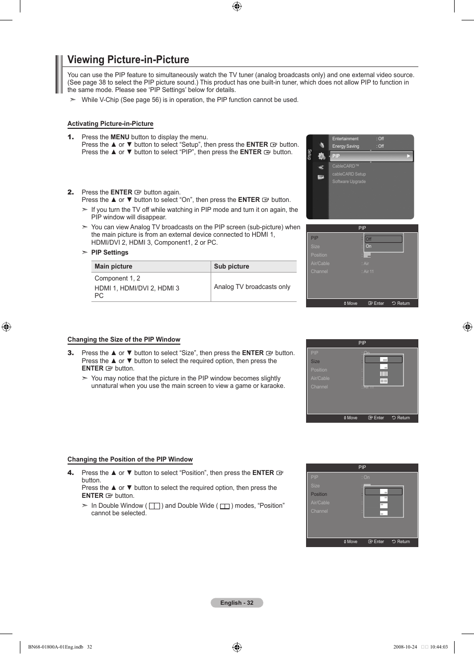 Viewing picture-in-picture | Samsung LN32A620A1FXZA User Manual | Page 34 / 263