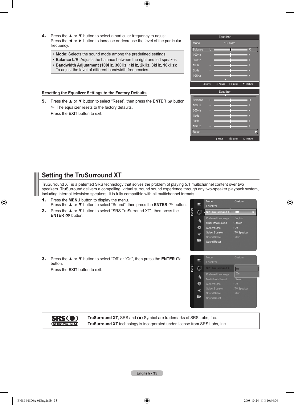 Setting the trusurround xt | Samsung LN32A620A1FXZA User Manual | Page 37 / 263