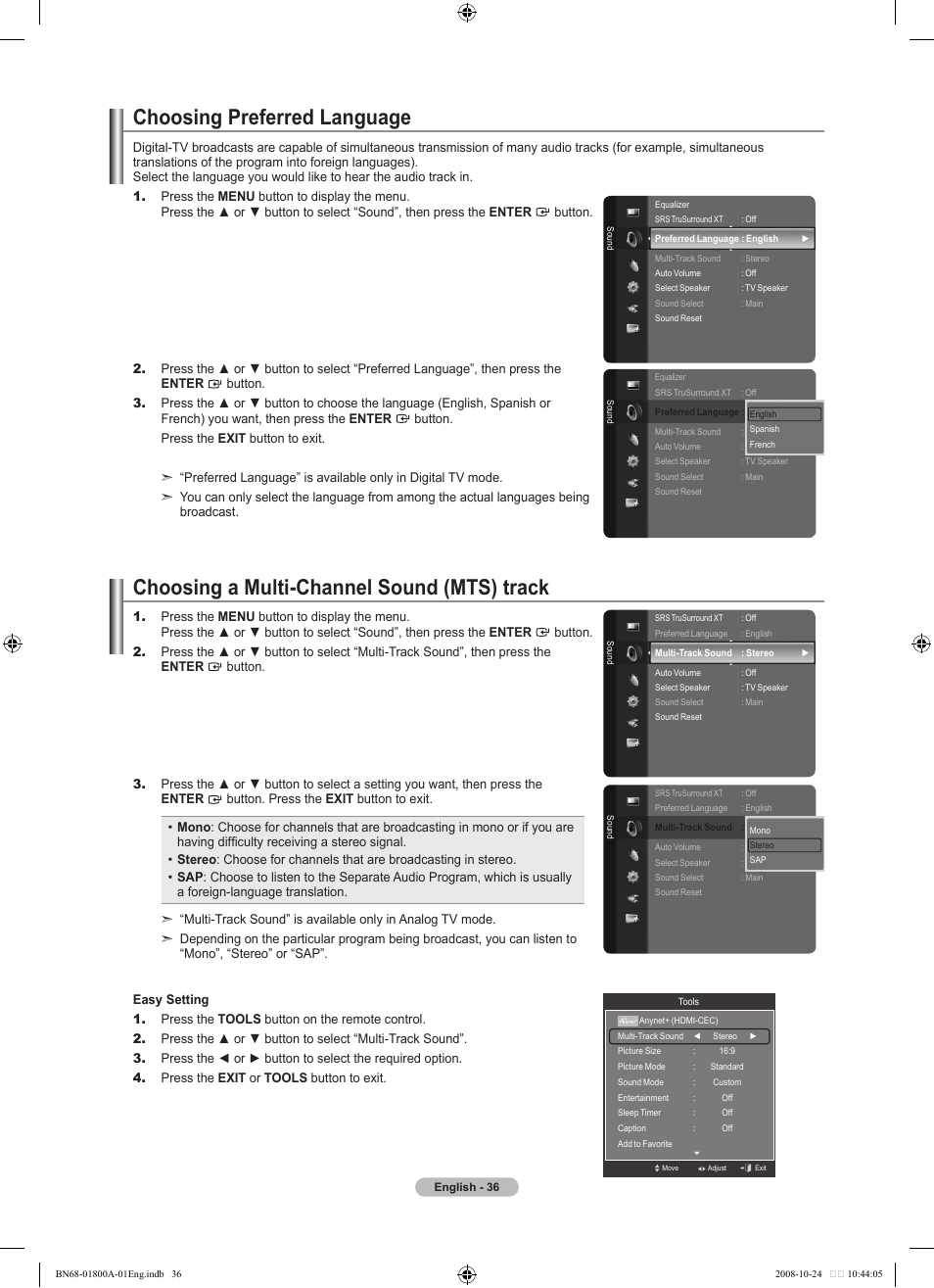 Choosing preferred language, Choosing a multi-channel sound (mts) track | Samsung LN32A620A1FXZA User Manual | Page 38 / 263