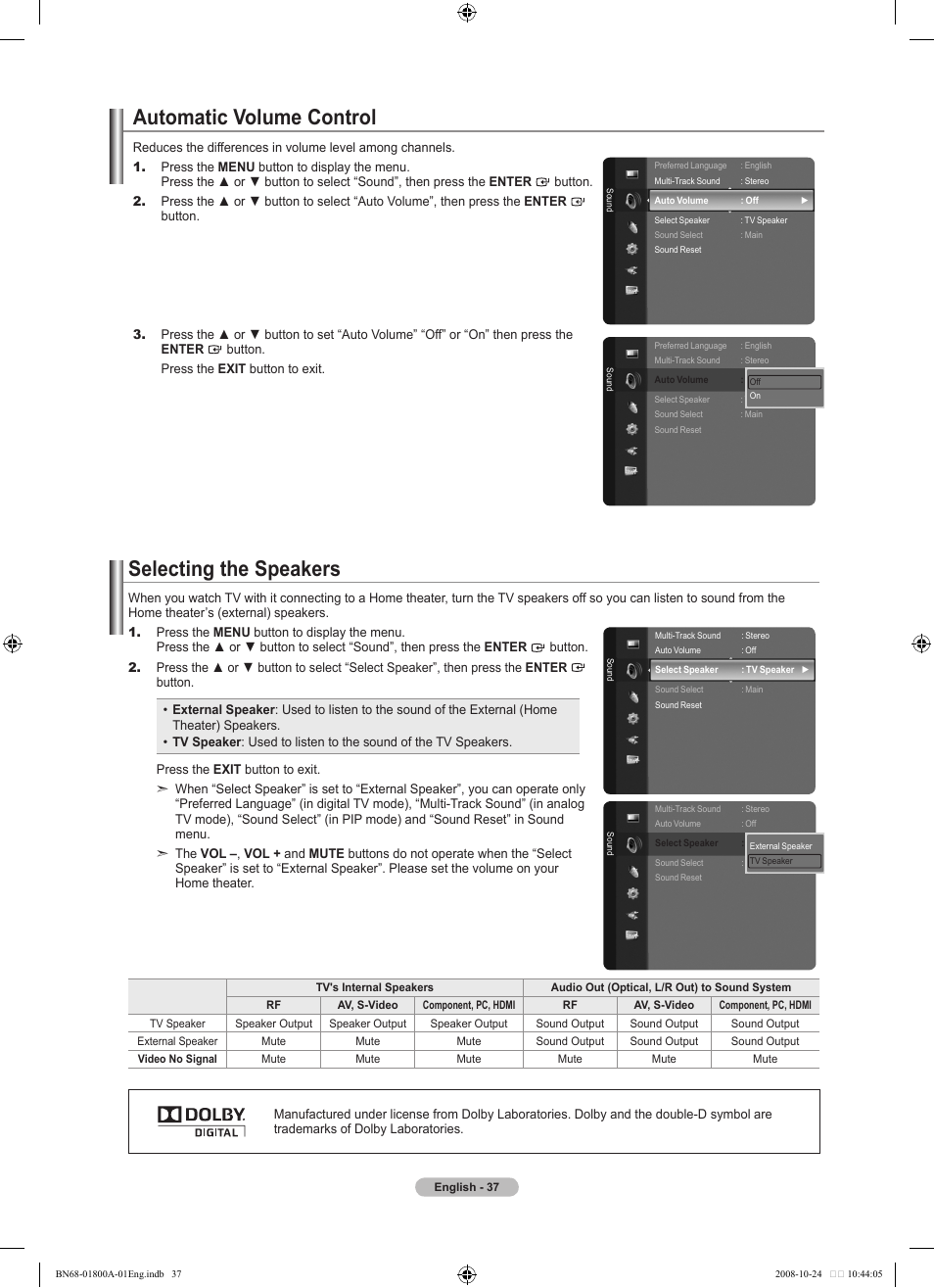 Automatic volume control, Selecting the speakers | Samsung LN32A620A1FXZA User Manual | Page 39 / 263