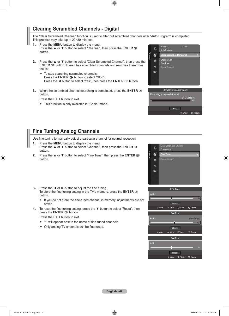 Clearing scrambled channels - digital, Fine tuning analog channels | Samsung LN32A620A1FXZA User Manual | Page 49 / 263