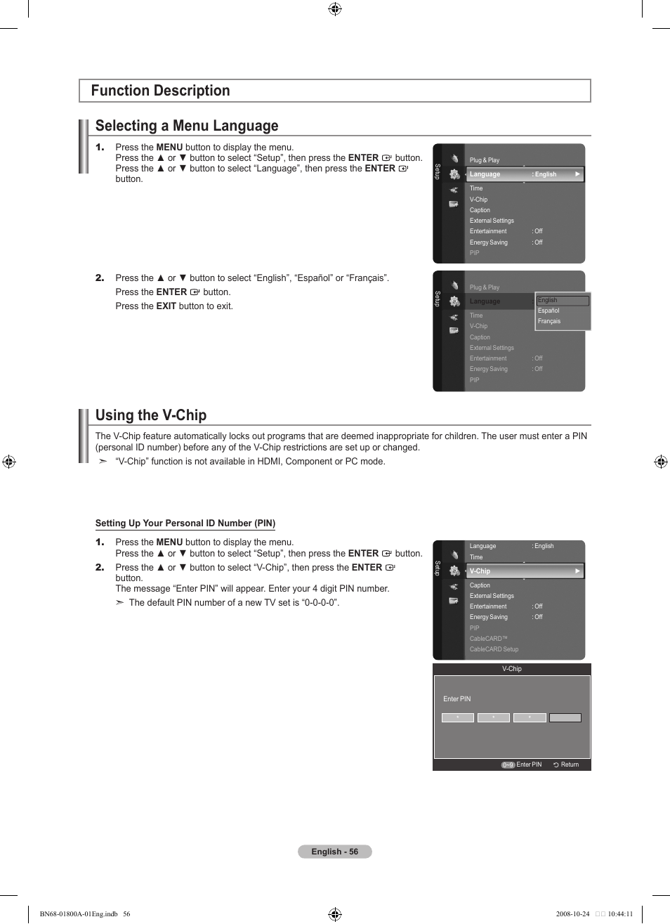 Function description, Selecting a menu language, Using the v-chip | Function description using the v-chip | Samsung LN32A620A1FXZA User Manual | Page 58 / 263