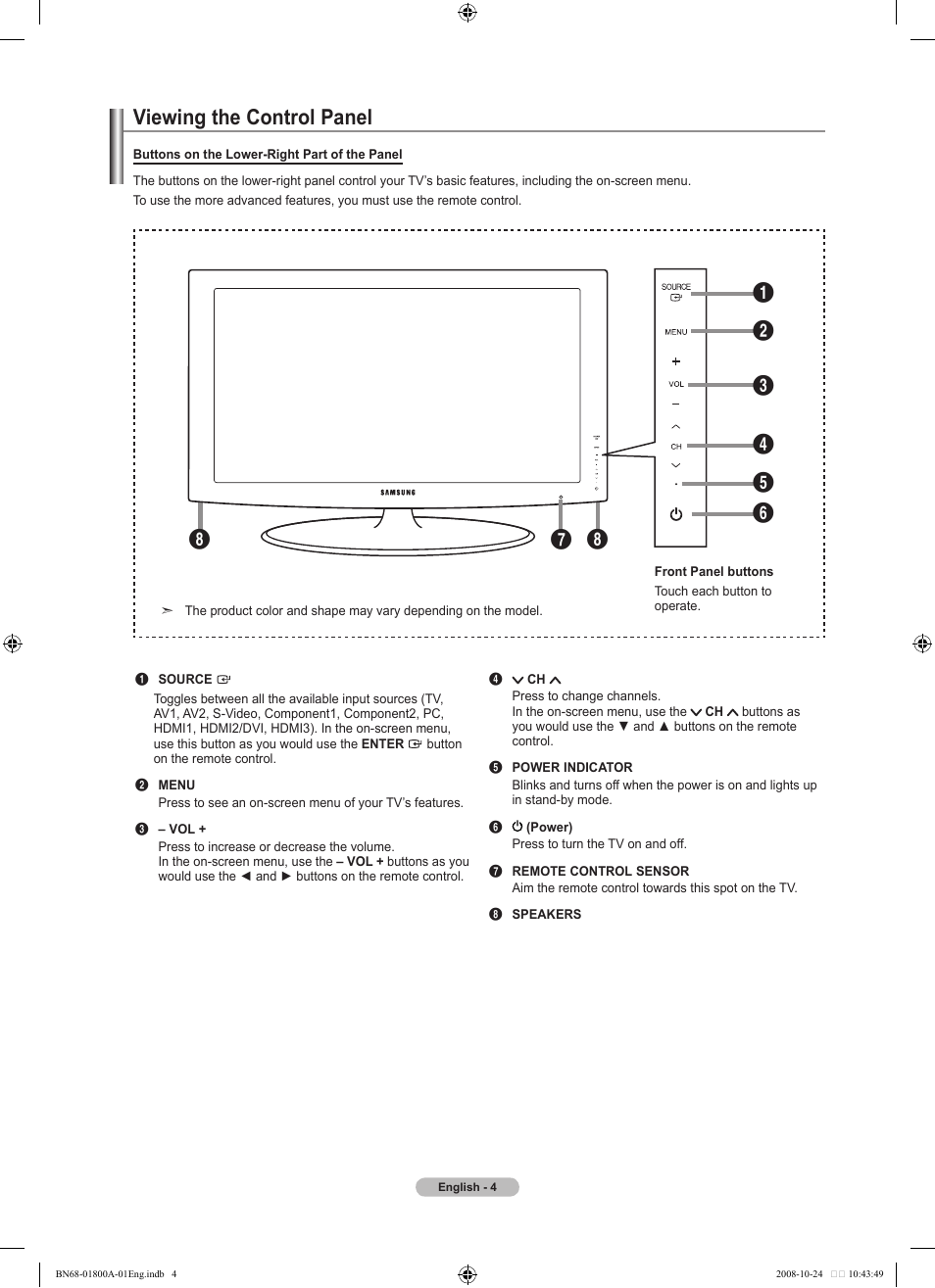 Viewing the control panel | Samsung LN32A620A1FXZA User Manual | Page 6 / 263