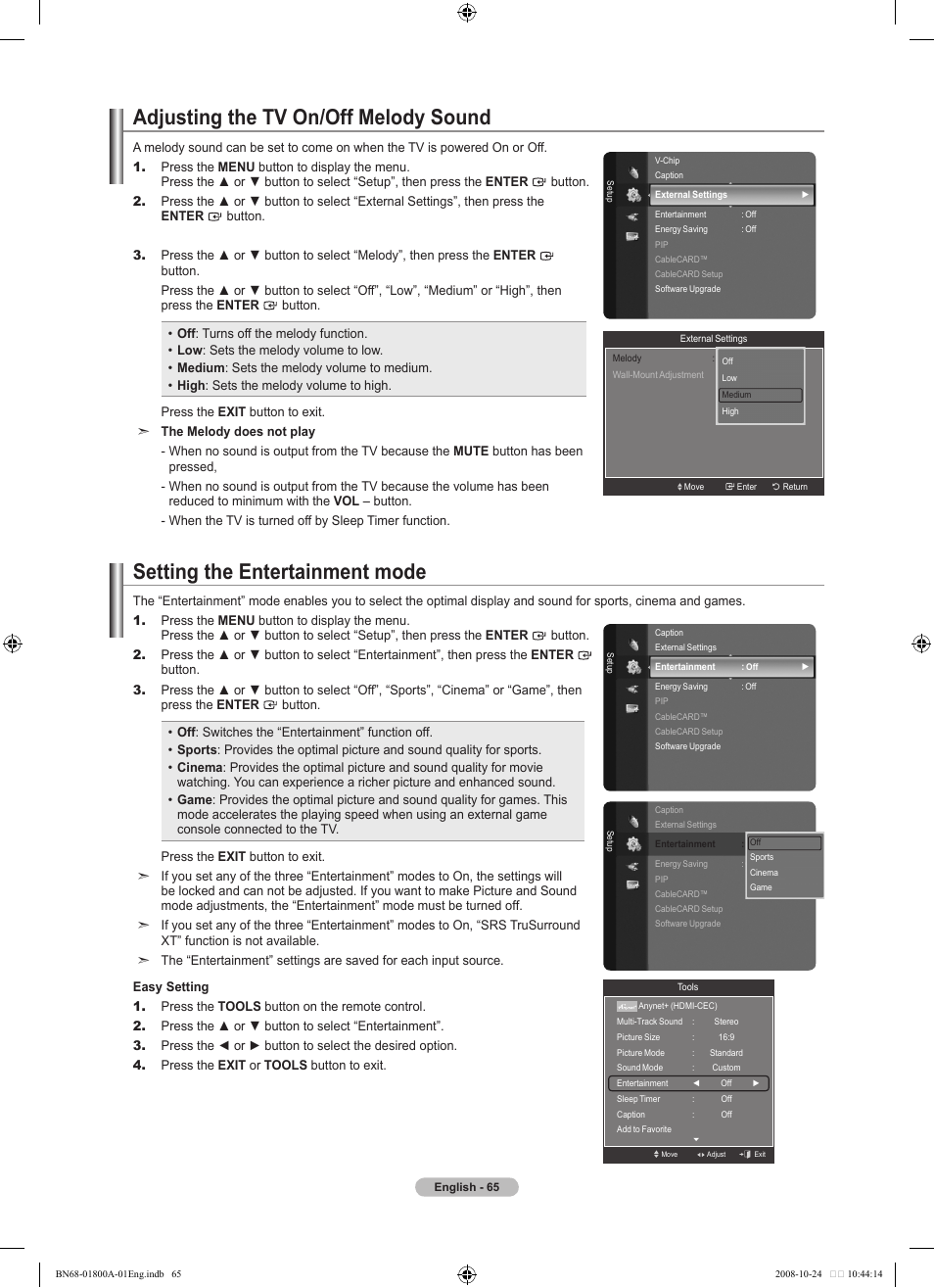 Adjusting the tv on/off melody sound, Setting the entertainment mode | Samsung LN32A620A1FXZA User Manual | Page 67 / 263