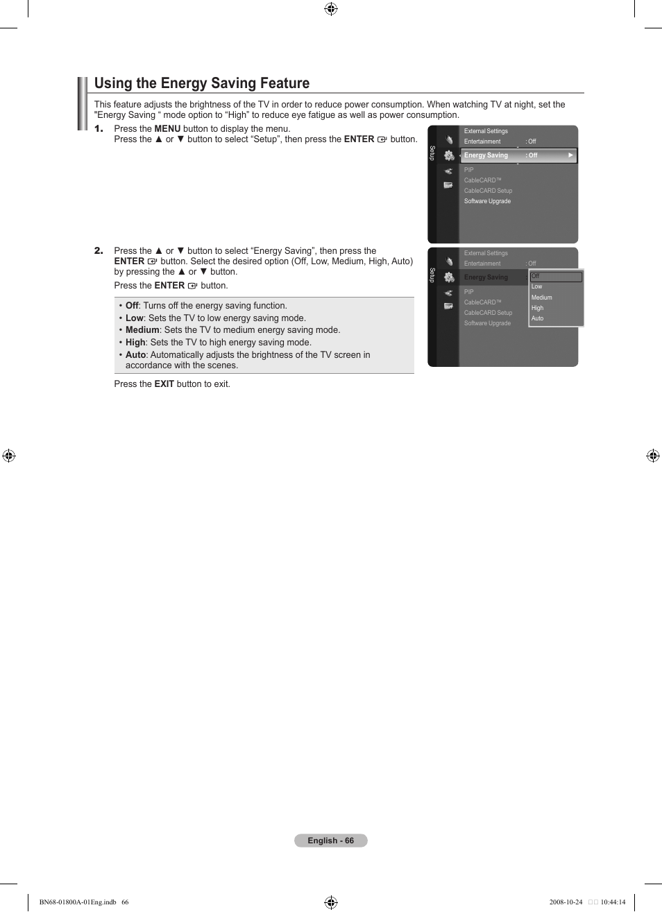 Using the energy saving feature | Samsung LN32A620A1FXZA User Manual | Page 68 / 263