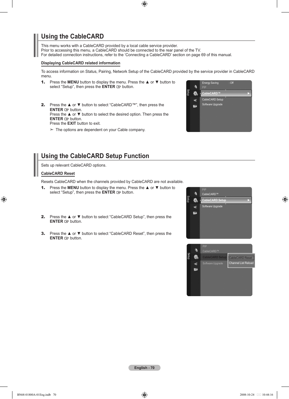 Using the cablecard, Using the cablecard setup function | Samsung LN32A620A1FXZA User Manual | Page 72 / 263