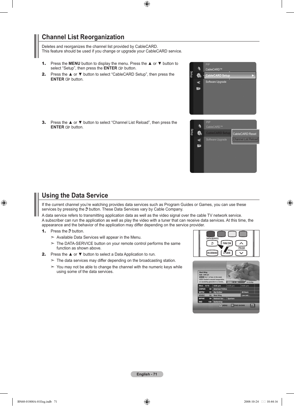 Channel list reorganization, Using the data service | Samsung LN32A620A1FXZA User Manual | Page 73 / 263