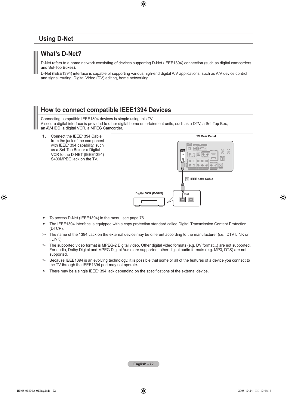 Using d-net, What’s d-net, How to connect compatible ieee1394 devices | How to connect compatible ieee194 devices | Samsung LN32A620A1FXZA User Manual | Page 74 / 263