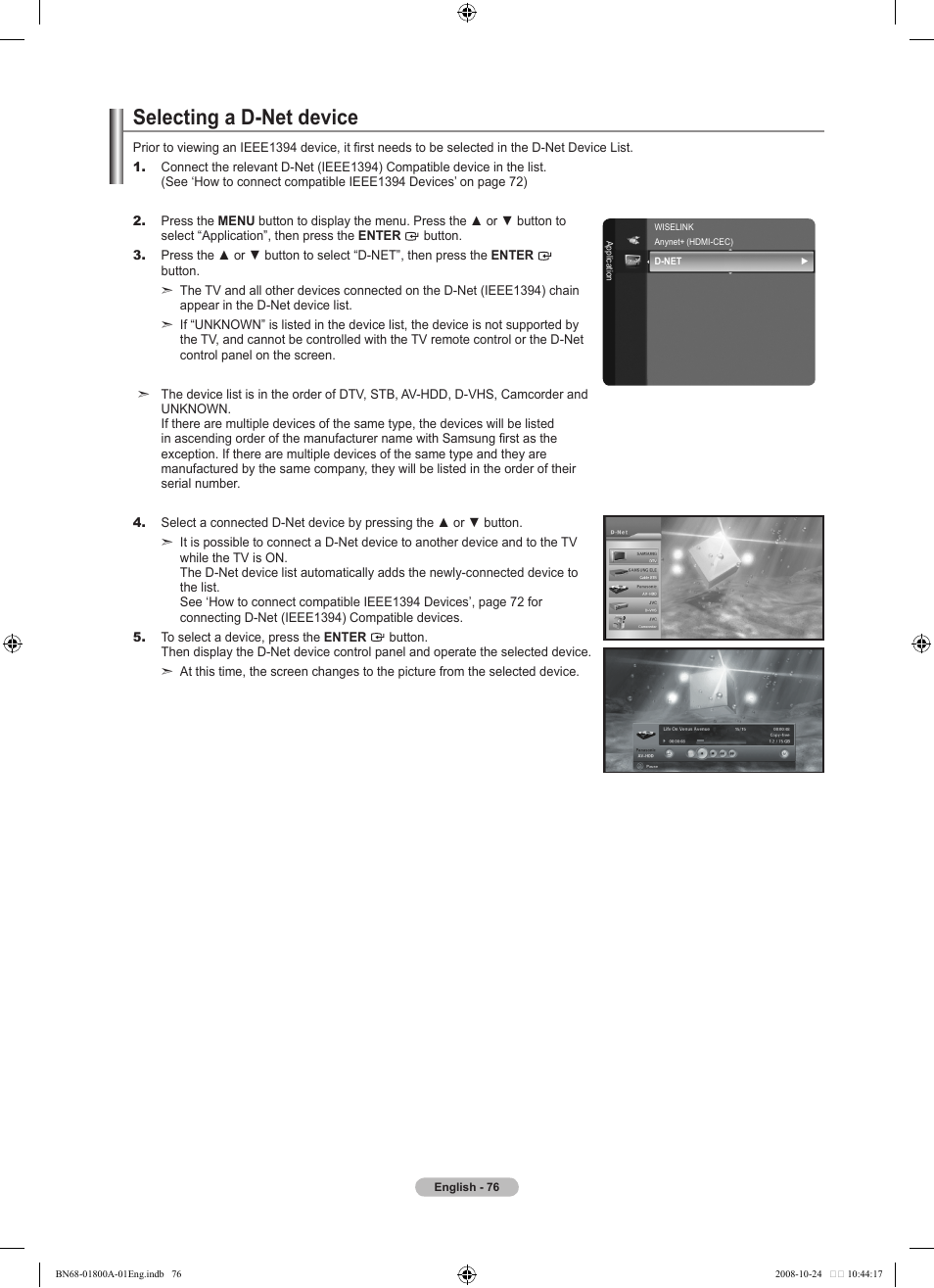 Selecting a d-net device | Samsung LN32A620A1FXZA User Manual | Page 78 / 263