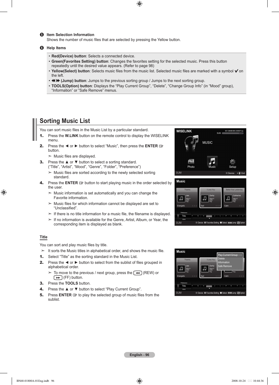 Sorting music list | Samsung LN32A620A1FXZA User Manual | Page 98 / 263