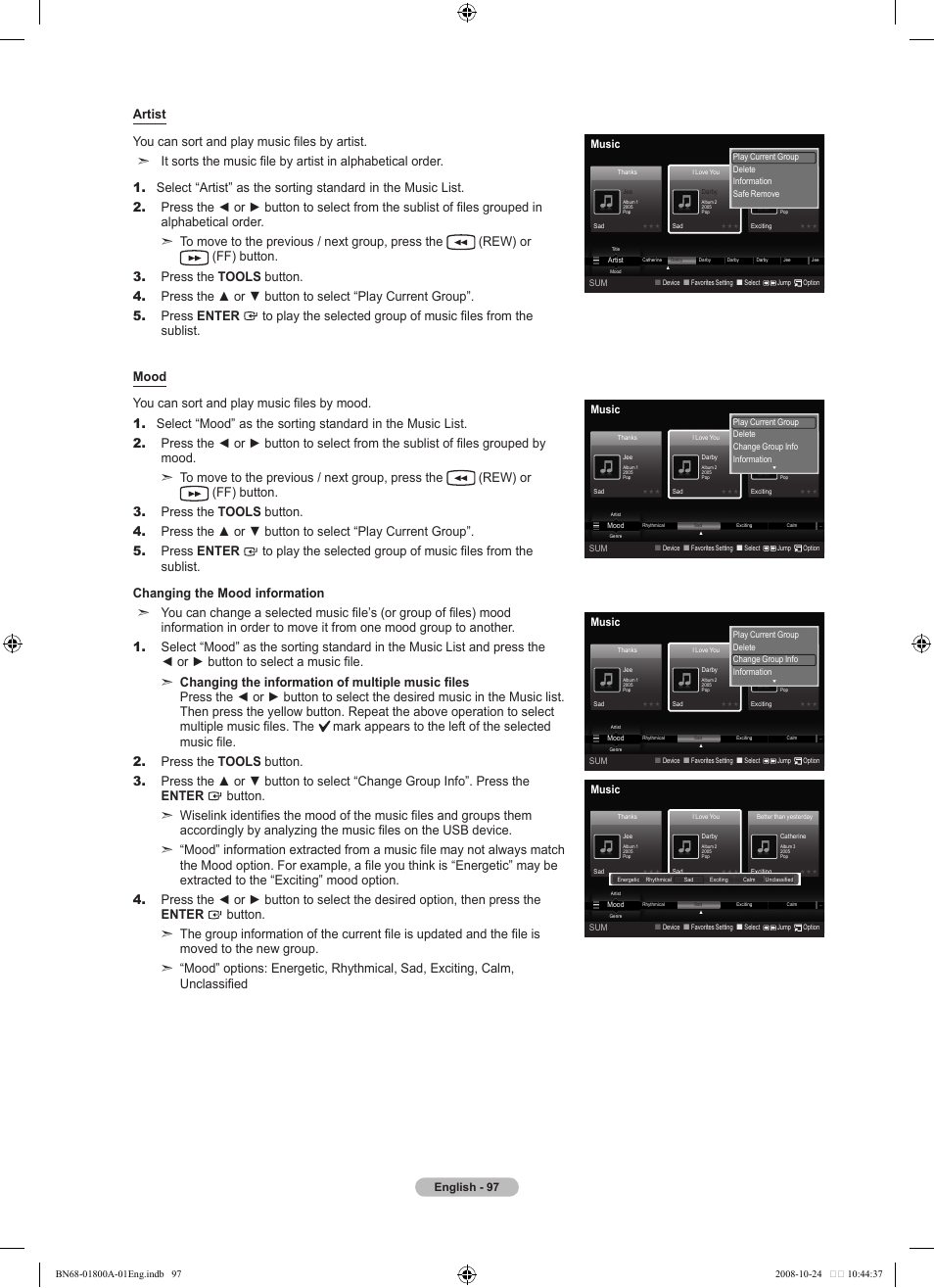 English - 97, Music | Samsung LN32A620A1FXZA User Manual | Page 99 / 263