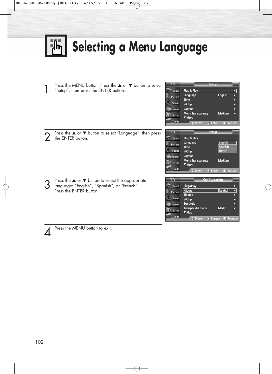 Selecting a menu language | Samsung SPR4212X-XAC User Manual | Page 102 / 144