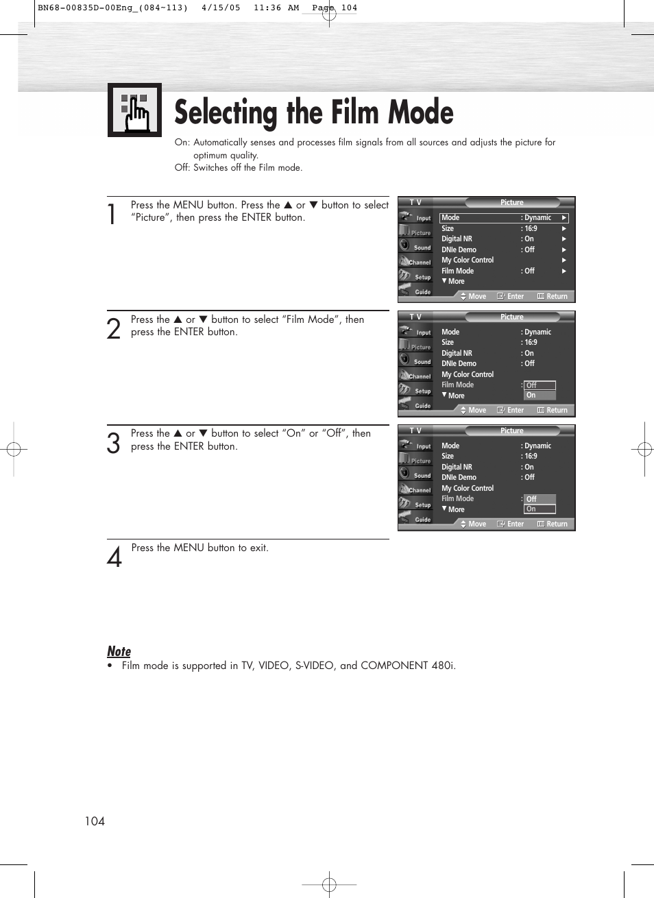 Selecting the film mode | Samsung SPR4212X-XAC User Manual | Page 104 / 144