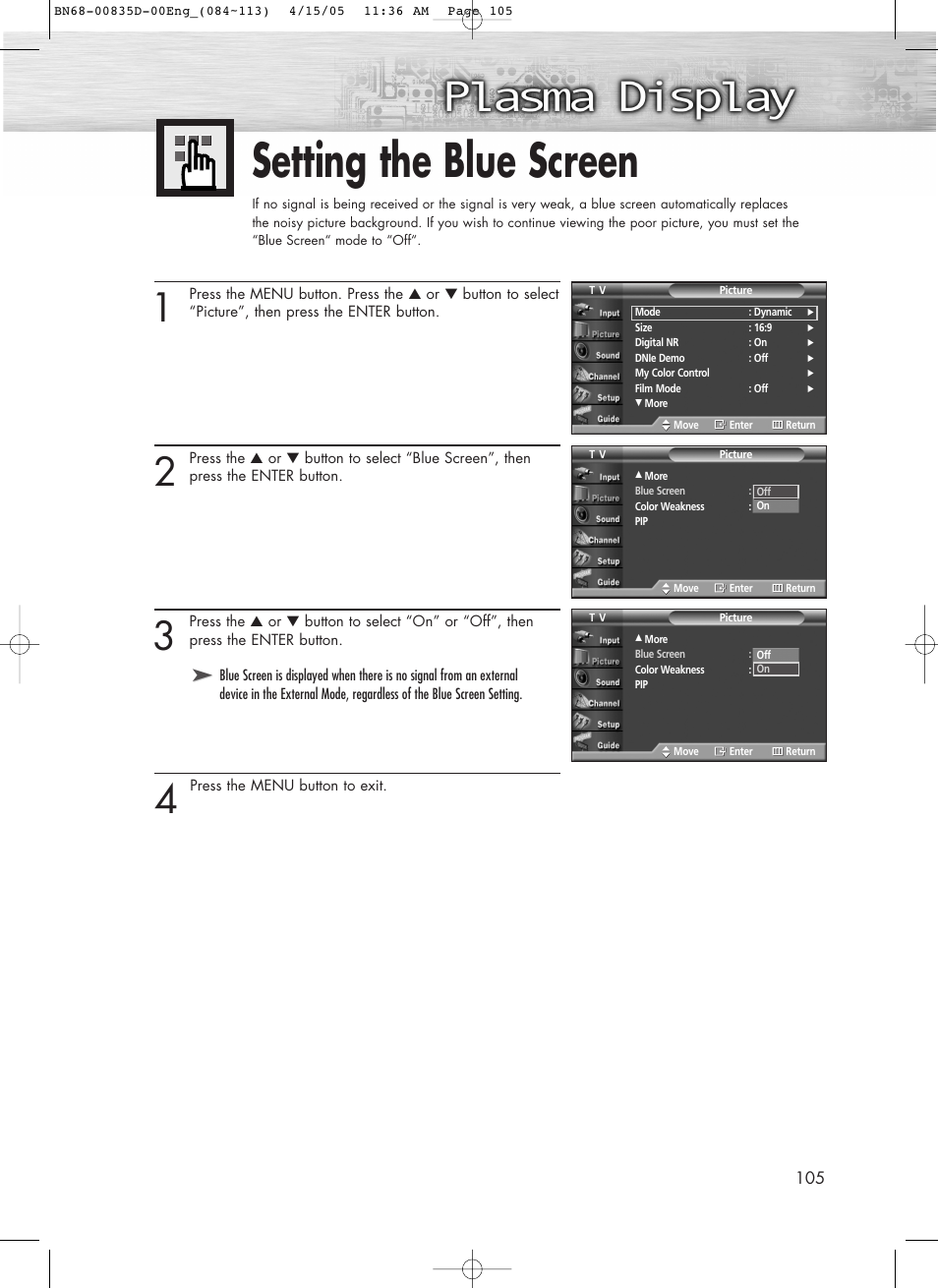 Setting the blue screen | Samsung SPR4212X-XAC User Manual | Page 105 / 144