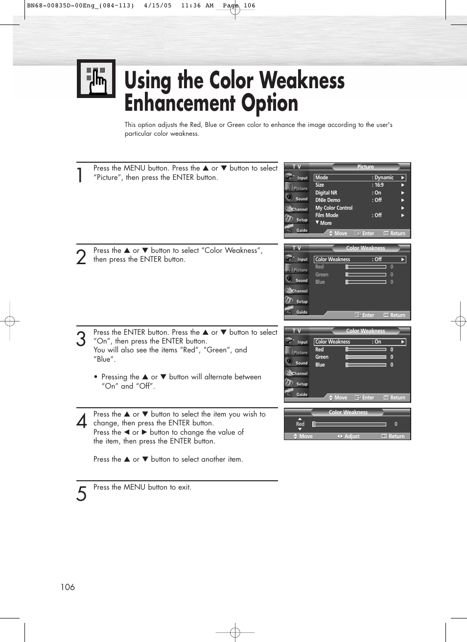 Using the color weakness enhancement option | Samsung SPR4212X-XAC User Manual | Page 106 / 144