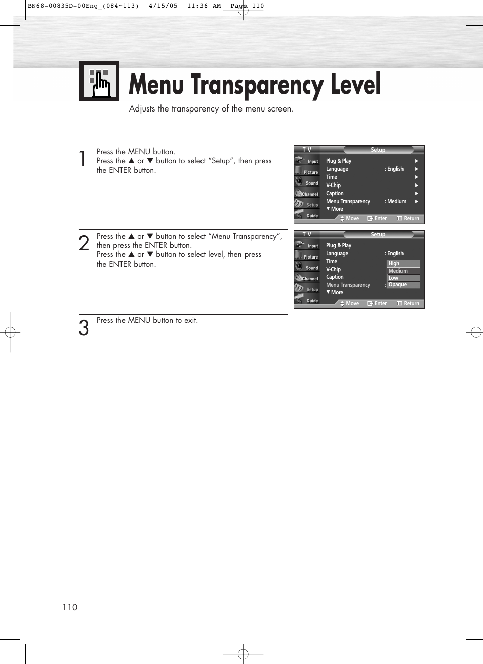 Menu transparency level | Samsung SPR4212X-XAC User Manual | Page 110 / 144