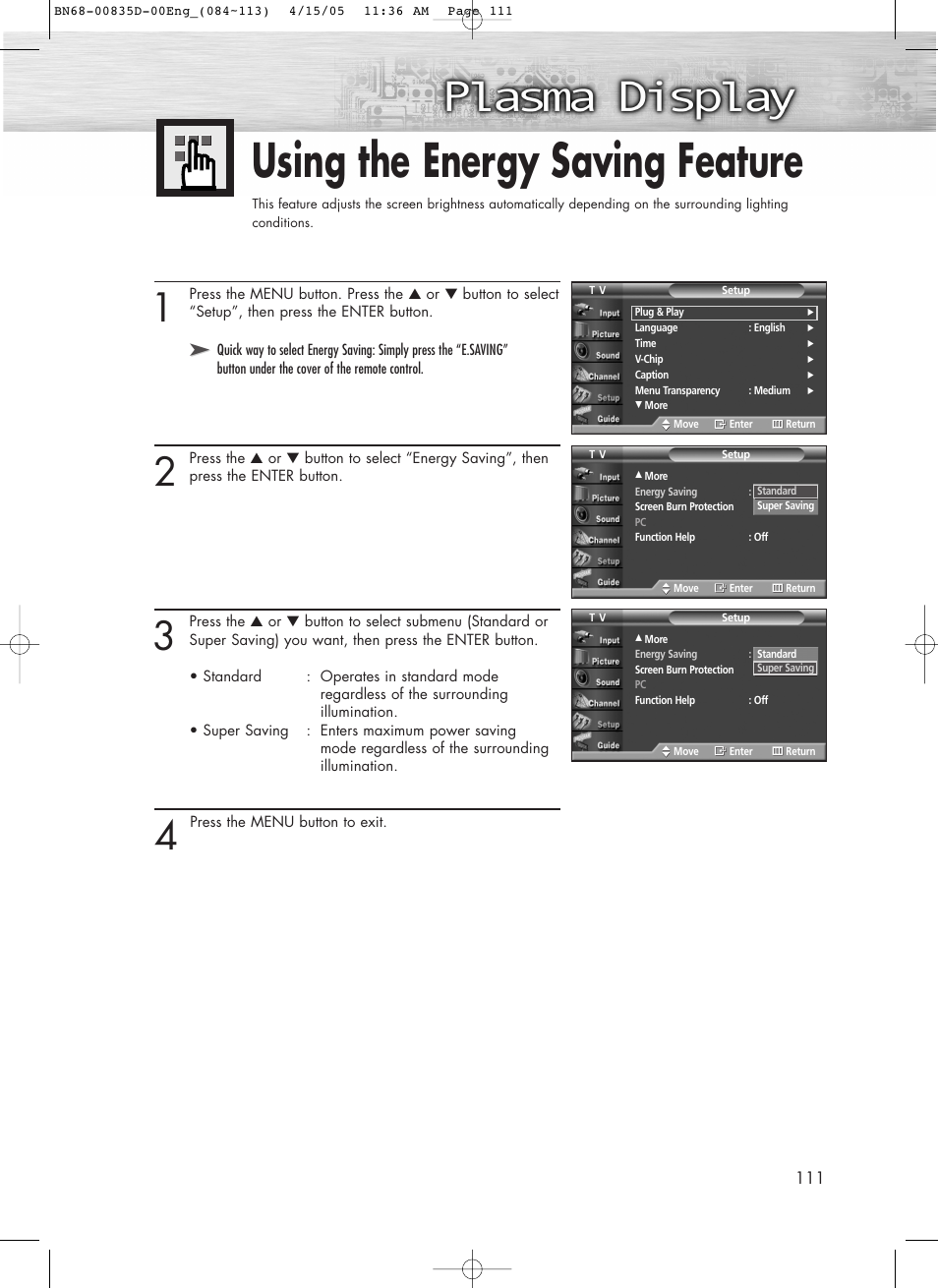 Using the energy saving feature | Samsung SPR4212X-XAC User Manual | Page 111 / 144