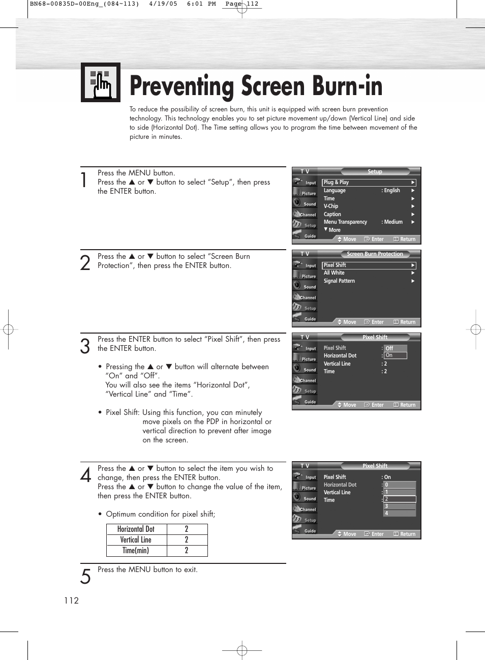 Preventing screen burn-in | Samsung SPR4212X-XAC User Manual | Page 112 / 144